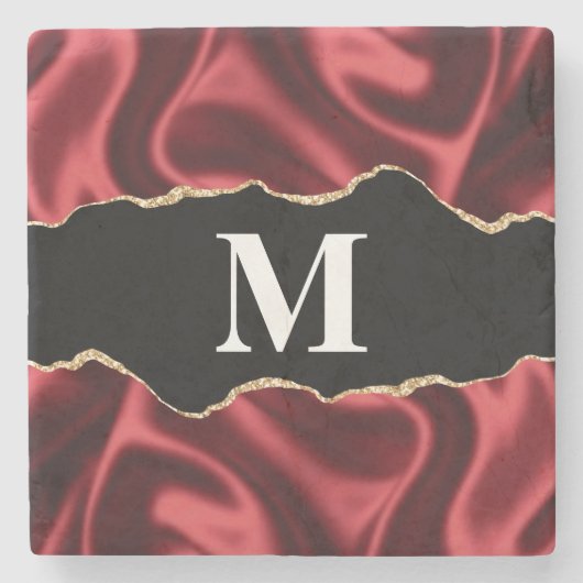 Dark Red Glam Wavy Satin Abstrakt Monogram Steinuntersetzer (Vorderseite)