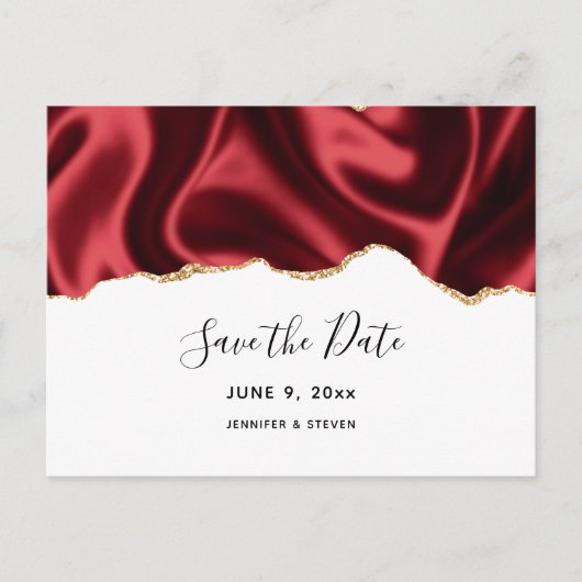 Dark Red Glam Wavy Satin Design - Save the Date Einladungspostkarte (Vorderseite)