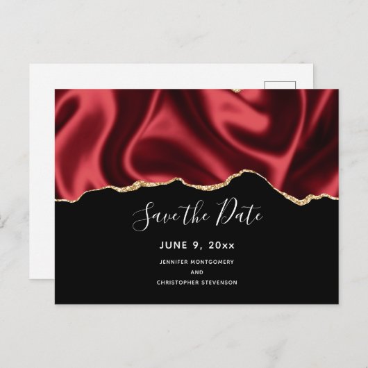 Dark Red Glam Wavy Satin Design - Save the Date Einladungspostkarte (Vorne/Hinten)