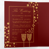 Dark Red & Gold Champagne Bubbles, Hochzeitssuite Dreifach Gefaltete Einladung (Innen Erste Seite)