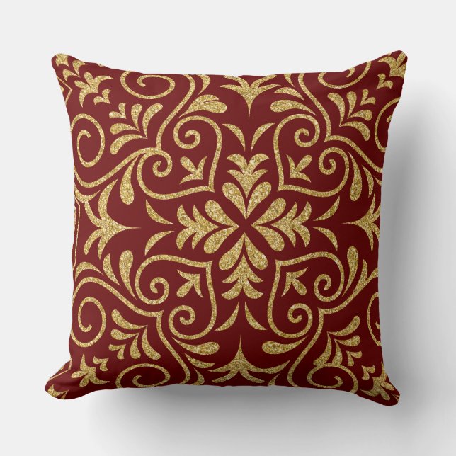 Dark Red & Gold Glitzer Floral marokkanisches Moti Kissen (Vorderseite)