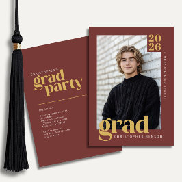 Dark Red Gold Modern Photo Graduation Party Einladung