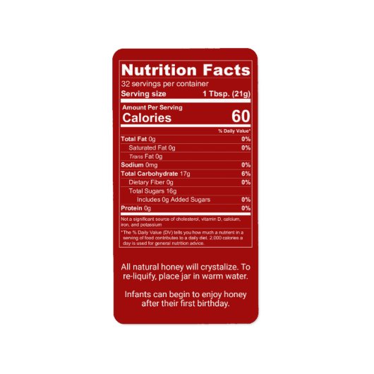 Dark Red Honey Nutrition Facts + Säugling Warning (Vorne)