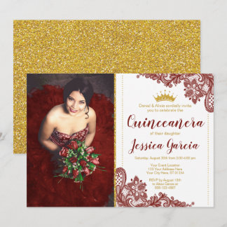 Dark Red Lace & Glitzer Goldprinzessin Quinceañera Einladung