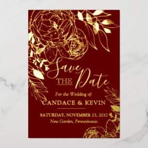 Dark Red Maroon & Gold Modern Floral Save the Date Folieneinladung