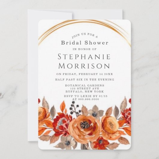 Dark Red Orange Floral Geometric Brautparty Einladung (Vorderseite)