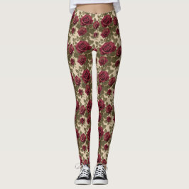 Dark Red Roses With Faded Green Leaves Leggings