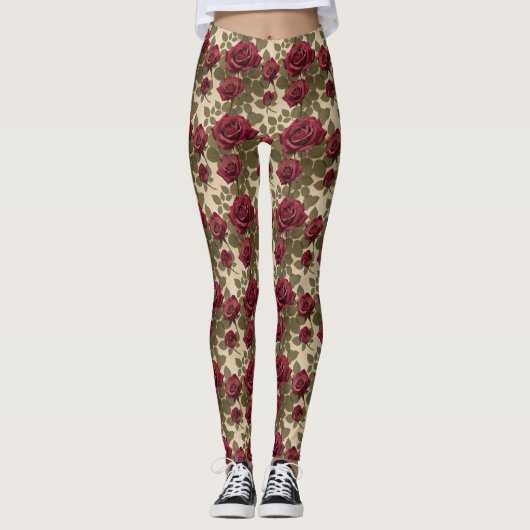 Dark Red Roses With Faded Green Leaves Leggings (Vorderseite)