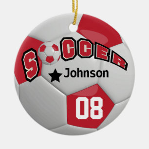 Dark Red Soccer Ball DIY Name and number Keramik Ornament