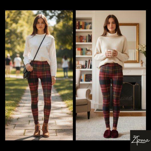 Dark Red Square Tartan Christmas Plaid Leggings