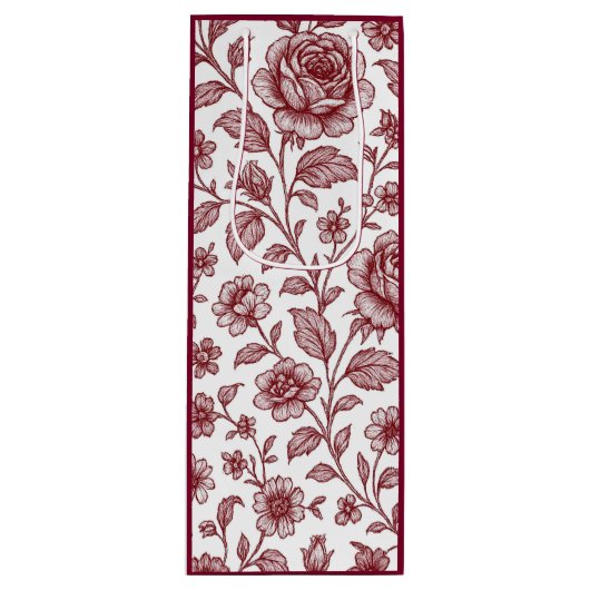 Dark Red Vintag Rose Pattern Geschenktüte Für Weinflaschen (Vorderseite)