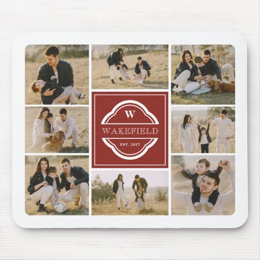 Dark Red White Monogram & Year Photo Collage Mousepad (Vorne)