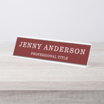 Dark Red White Name and Title Desk Name Plate