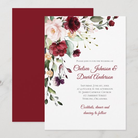 Dark Red Winter Floral Wedding Einladung (Vorne/Hinten)
