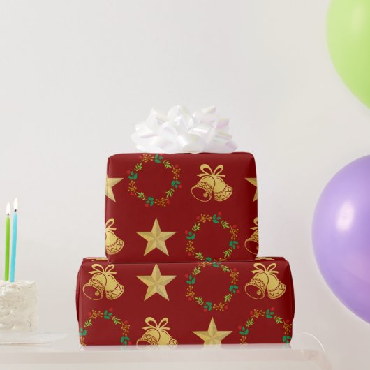 Dark Red Wrapping Paper w Gold Bells, Stars Wreath Geschenkpapier (Partygeschenke)