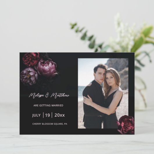 Dark Romantic Black Wedding Save The Date (Stehend Vorderseite)