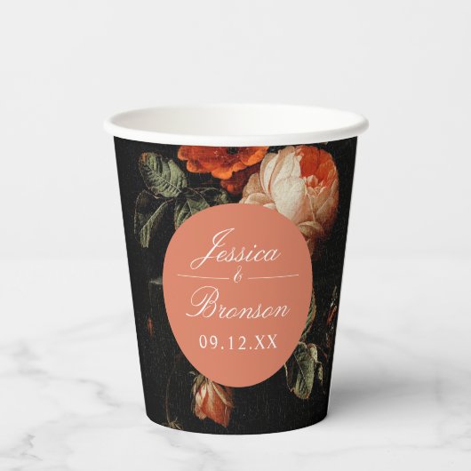 Dark Romantic Floral Pink Rose Polterabend Pappbecher (Rückseite)