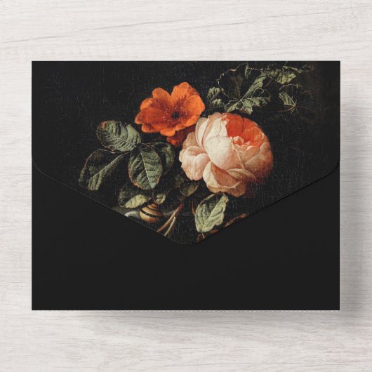 Dark Romantic Floral Rose Holländische Master Wedd All In One Einladung (Rückseite)