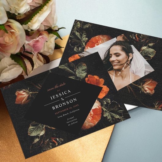 Dark Romantic Floral Rose Save the Date Niederländ Einladung