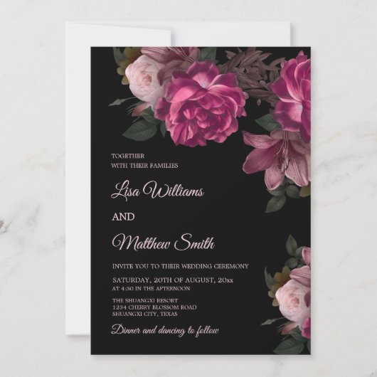 Dark Romantic Hand Drawn Roses Wedding Einladung (Vorderseite)