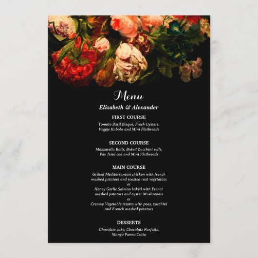 Dark romantic moody elegant floral wedding menükarte (Vorderseite)