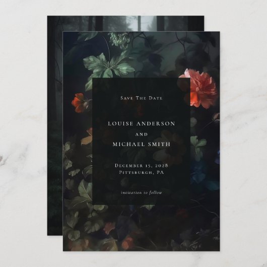 Dark Romantic Moody Floral Wedding Foto Save The Date (Vorne/Hinten)