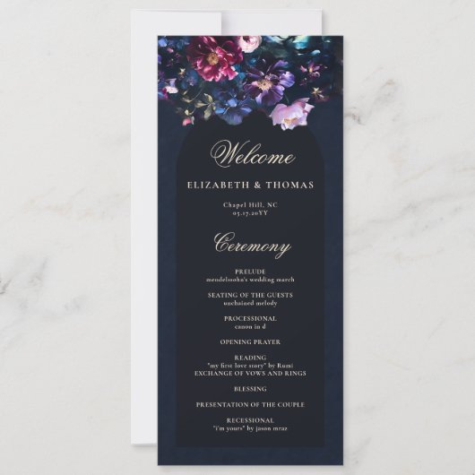 Dark Romantic Moody Florals Black Wedding Programm (Vorderseite)