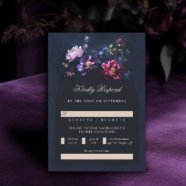 Dark Romantic Moody Florals Jewel Black Wedding RSVP Karte