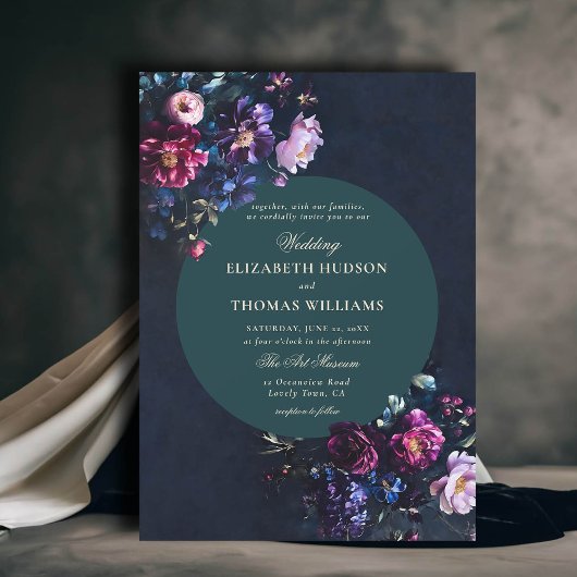 Dark Romantic Moody Florals Jewel Emerald Wedding Einladung
