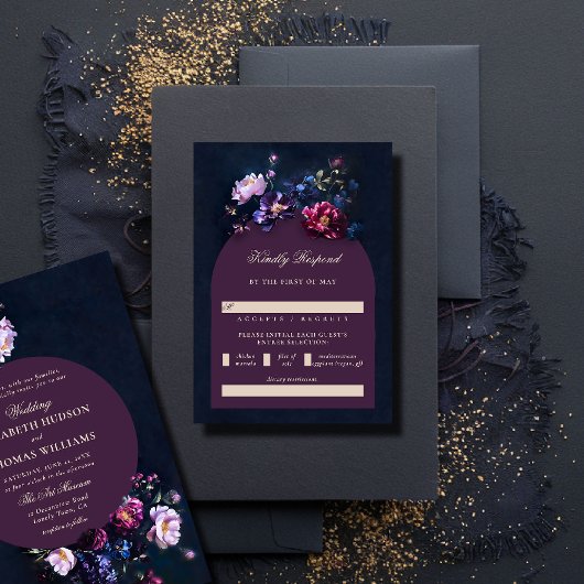 Dark Romantic Moody Florals Jewel Mauve Wedding RSVP Karte