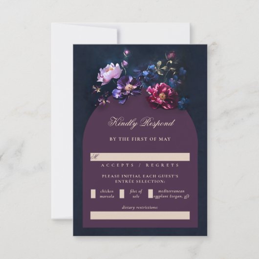 Dark Romantic Moody Florals Jewel Mauve Wedding RSVP Karte (Vorderseite)
