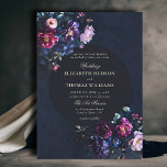 Dark Romantic Moody Florals Jewel Tones Wedding Einladung<br><div class="desc">Eine wunderschöne blumengeschmückte Anordnung dunkler Moody-Blumen in Schmucktönen umrahmt diese atemberaubende Hochzeitseinladung mit einem düsteren romantischen Thema. Ein dunkler Marinehintergrund und ein schwarzer Zirkel von Mitternacht bilden den Hintergrund für klassische Typografie und Touchs eleganter Kalligrafie in einer goldenen Farbe (digitaler Effekt, nicht echtes Gold). Eine perfekte Wahl für Paare, die...</div>