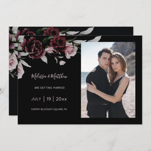Dark Romantic Roses Black Wedding Save The Date (Vorne/Hinten)