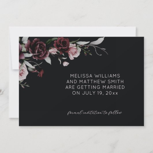 Dark Romantic Roses Black Wedding Save The Date (Rückseite)