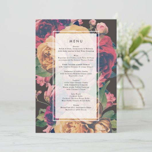 Dark Rose Botanical Fete Wedding Menu Menükarte (Stehend Vorderseite)