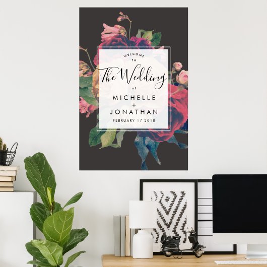 Dark Rose Botanical Fete Wedding Poster (Heimbüro)