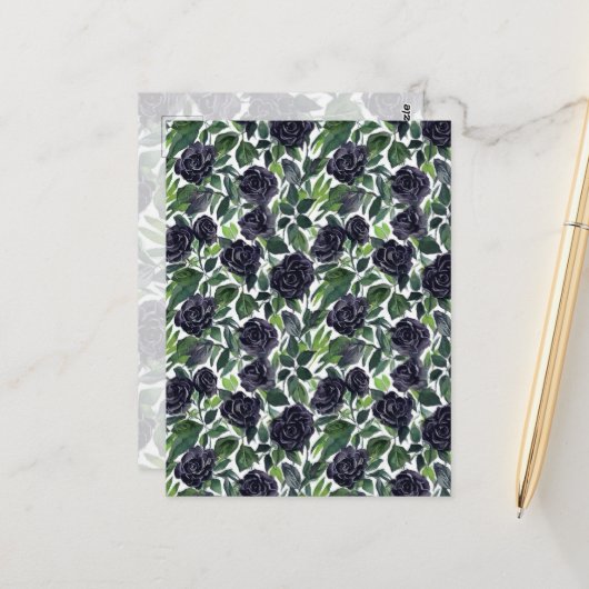Dark rose delight, watercolor black roses print postkarte (Vorderseite/Rückseite Beispiel)