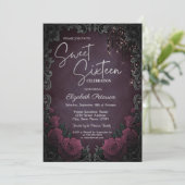 Dark Roses Frame Burgundy Glitter Drips Sweet 16  Einladung (Stehend Vorderseite)