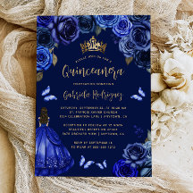 Dark Royal Blue Floral Princess Quinceañera