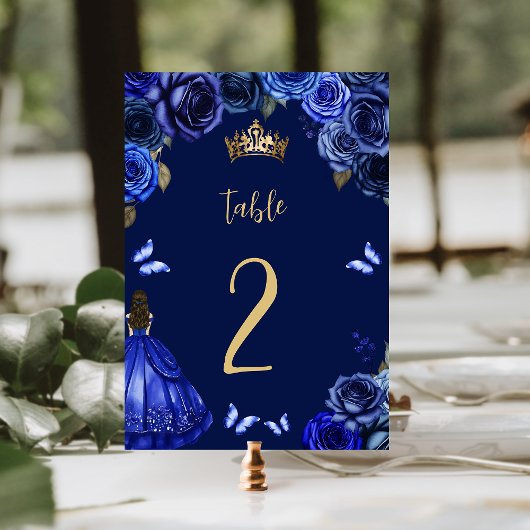 Dark Royal Blue Gold Floral Princess Quinceañera Tischnummer