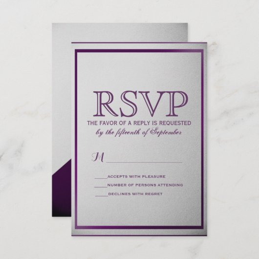 Dark Royal Lila Kontur auf Gray Gradient RSVP Karte (Vorne/Hinten)