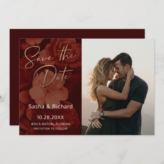 Dark Ruby Florals Save The Date (Vorne/Hinten)