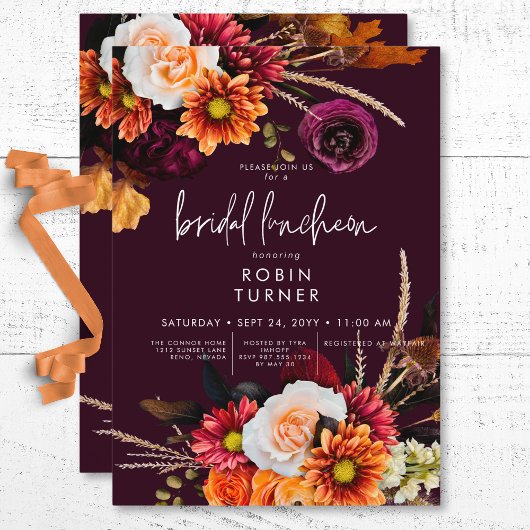 Dark Russet Boho Floral Burgundy Bridal Luncheon Einladung