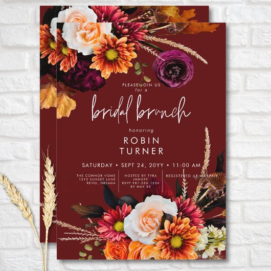 Dark Russet Boho Floral Rust Bridal Brunch Einladung