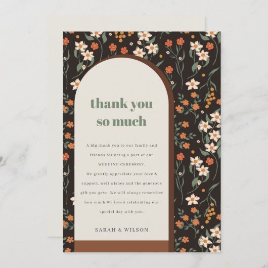 Dark Rust Orange Groovy Retro Arch Floral Wedding Dankeskarte (Vorne/Hinten)