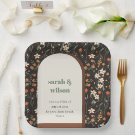 Dark Rust Orange Groovy Retro Arch Floral Wedding Pappteller