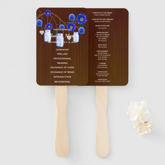 Dark Rustic Blue Floral Mason Jars Wedding Fächer (Vorne und Hinten)