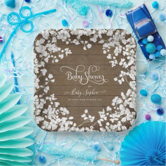 Dark Rustic Wood Script Babys Breath Baby Dusche Pappteller (Party)