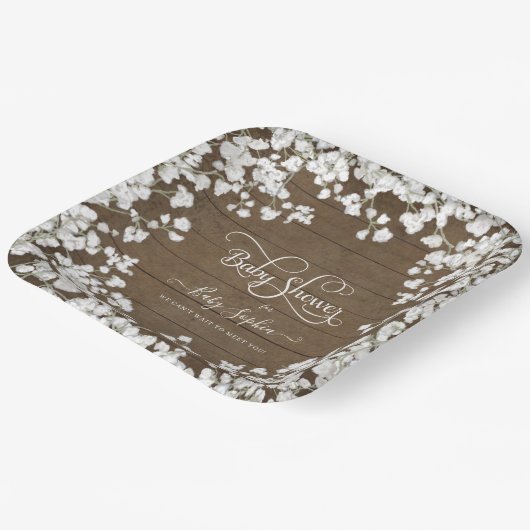 Dark Rustic Wood Script Babys Breath Baby Dusche Pappteller (Gewinkelt)