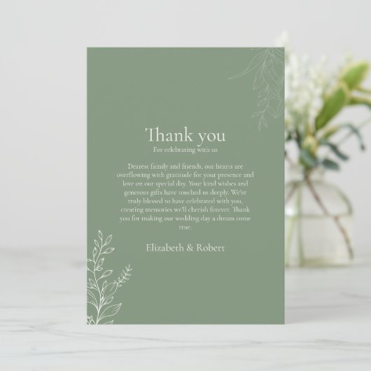 Dark Sage Green Botanical Thank You Card Dankeskarte (Stehend Vorderseite)